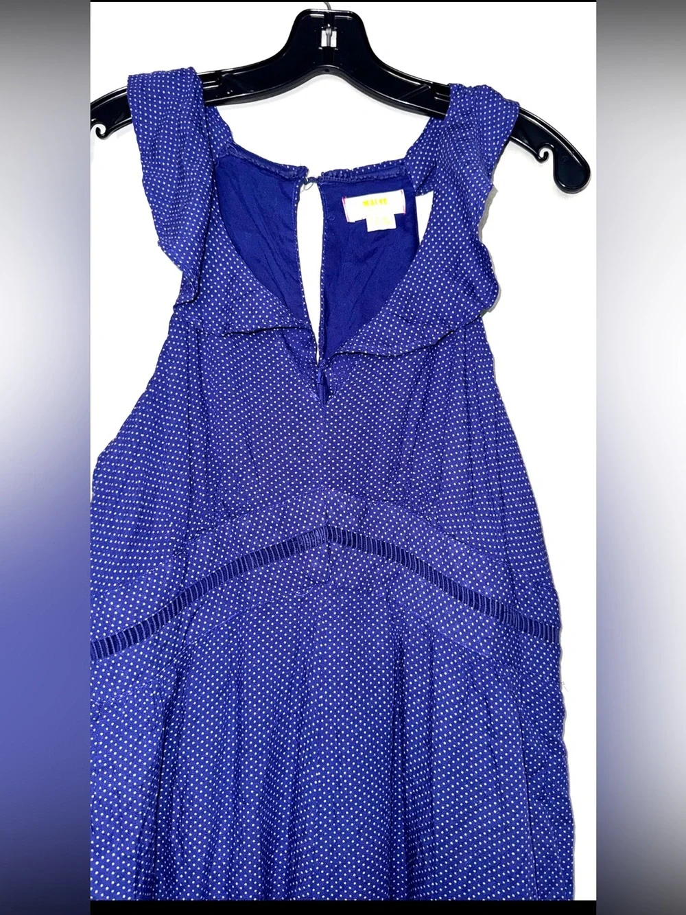 Anthropologie Maeve Ruffled Navy Blue Maxi Dress with Tiny White Dot Print - Picture 9 of 13